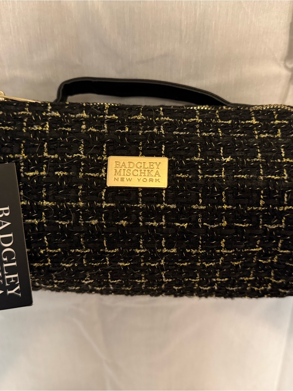 Badgley Mischka Black and Gold Tweed Wristlet Clutch